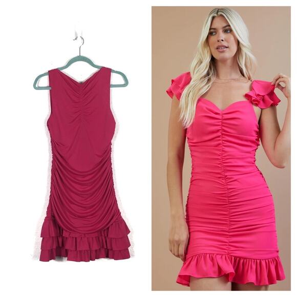 Tularosa Hot Pink Ruched Stretch Ruffle Hem Barbiecore Mini Dress Small - Picture 1 of 10